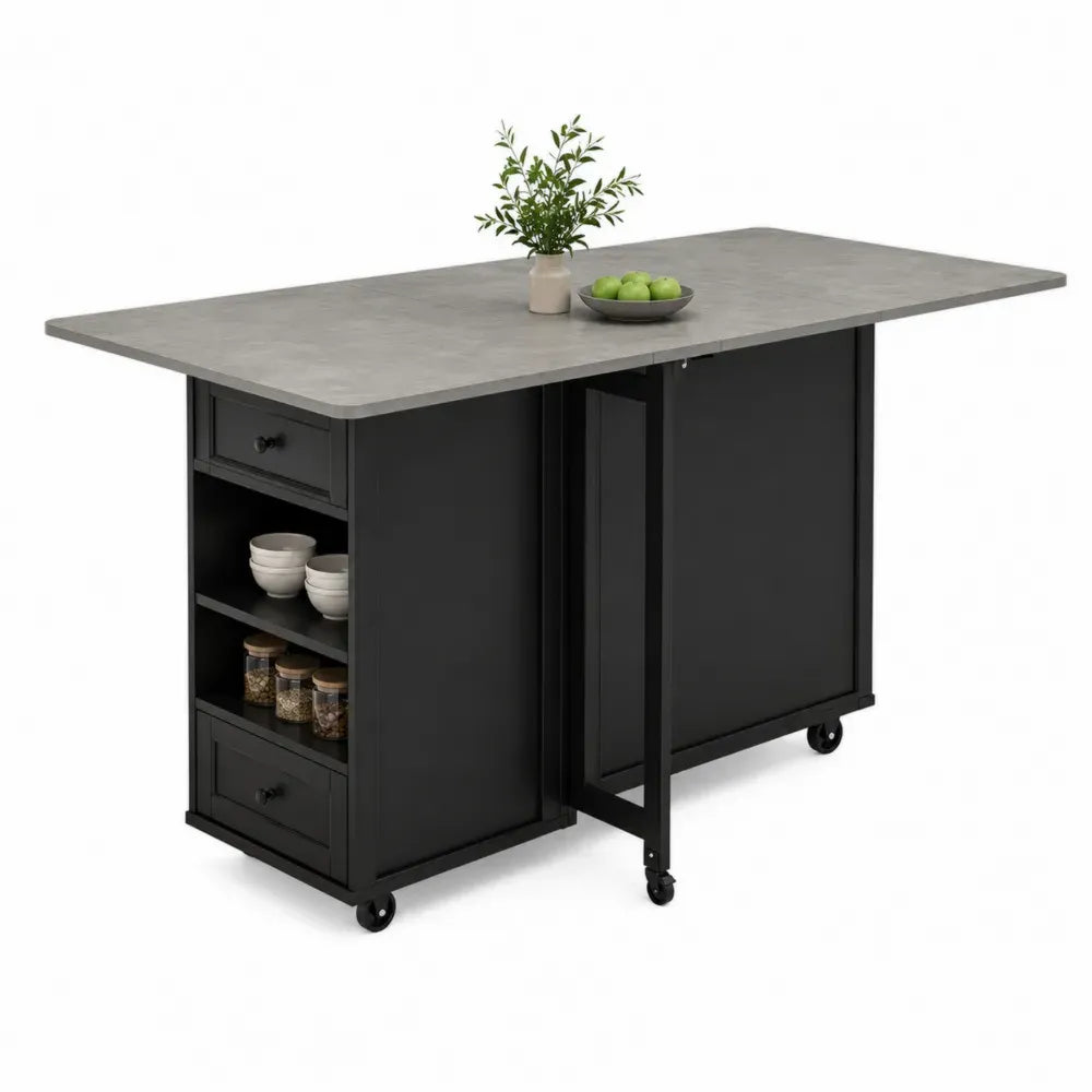 Kücheninsel Rollwagen Mehrzwecktisch mit klappbarer Tischplatte Spanplatte Stahl rechteckig Schwarz Grau 120 x 70 x 89 cm