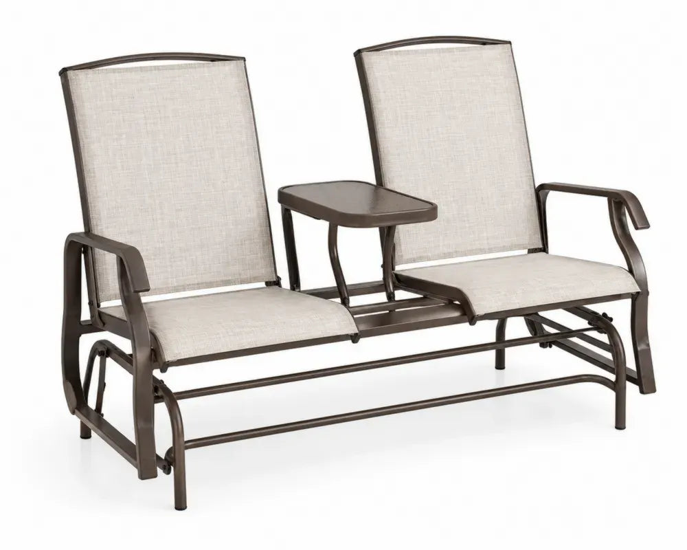 Gartenschaukelbank 2-Sitzer mit Mitteltisch pulverbeschichteter Stahl Textilene beige dunkelbraun 150 x 75 x 95 cm