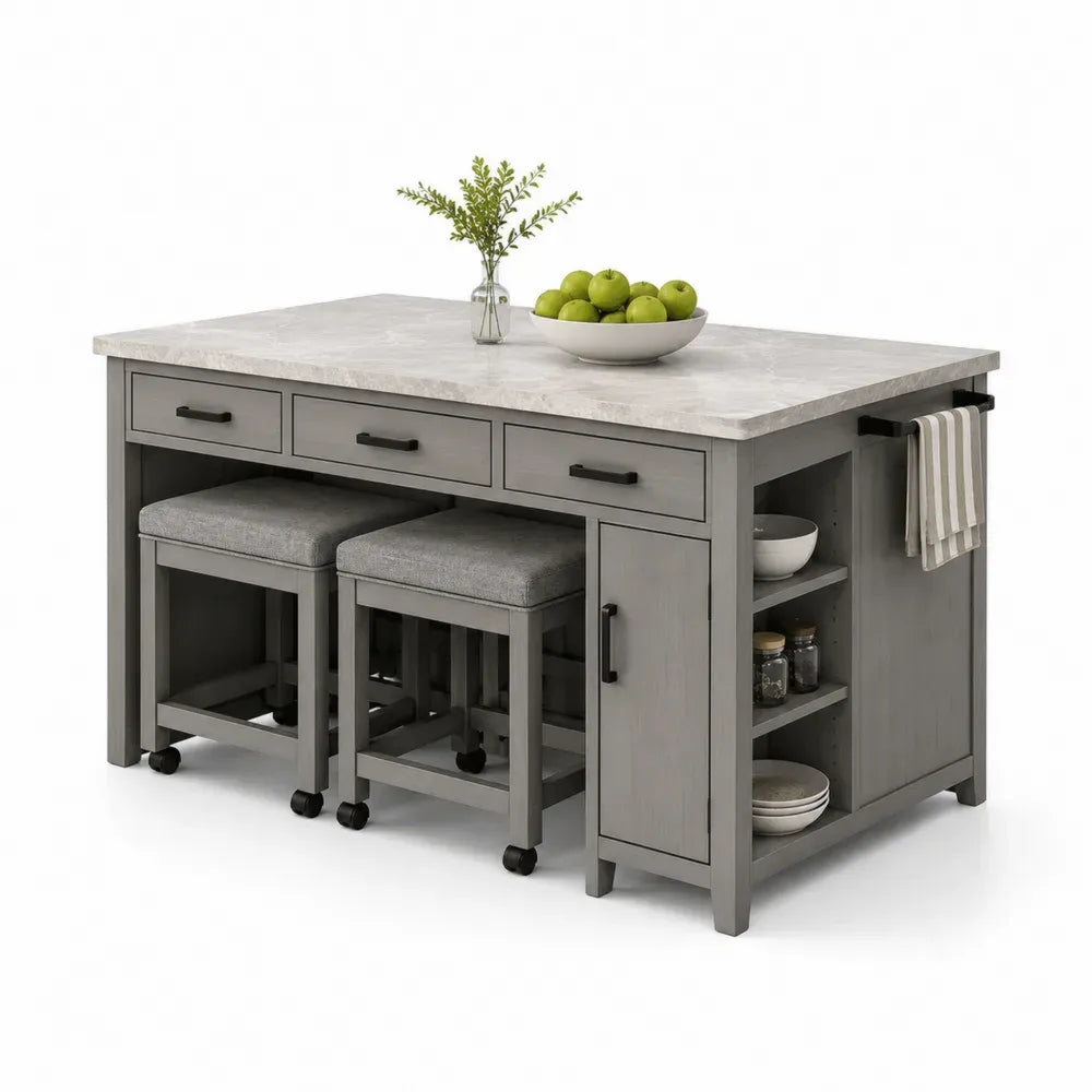 Kücheninsel Set mit 2 Rollhockern 3 Schubladen Türfach MDF Marmor-Dekor rechteckig Grau Hellgrau Schwarz 130 x 70 x 90 cm