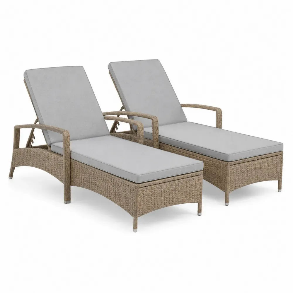2er Set Sonnenliegen Gartenliegen mit Armlehnen verstellbar rechteckig PE-Rattan Stahl Polyester Grau Naturbeige 195 x 65 x 92 cm