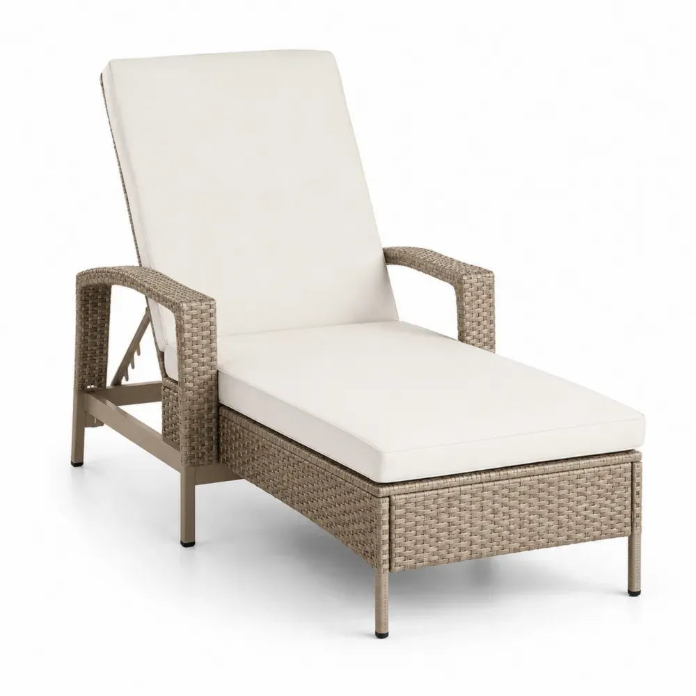 Gartenliege Sonnenliege mit Armlehnen verstellbar rechteckig PE-Rattan Stahl Polyester Beige Cremeweiß Schwarz 198 x 75 x 95 cm