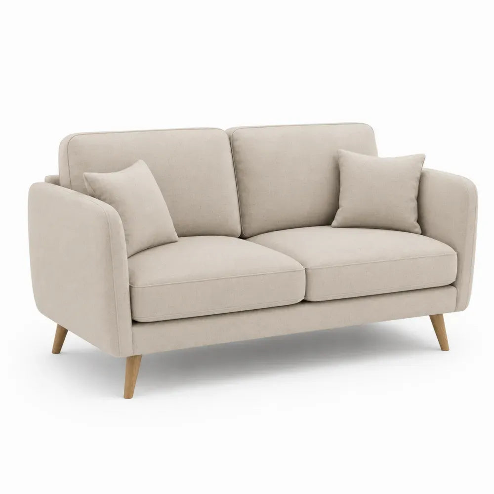Zweisitzer Sofa mit 2 Kissen Polyestergewebe Beige Kautschukholz Naturfarben rechteckig 150 x 84 x 86 cm