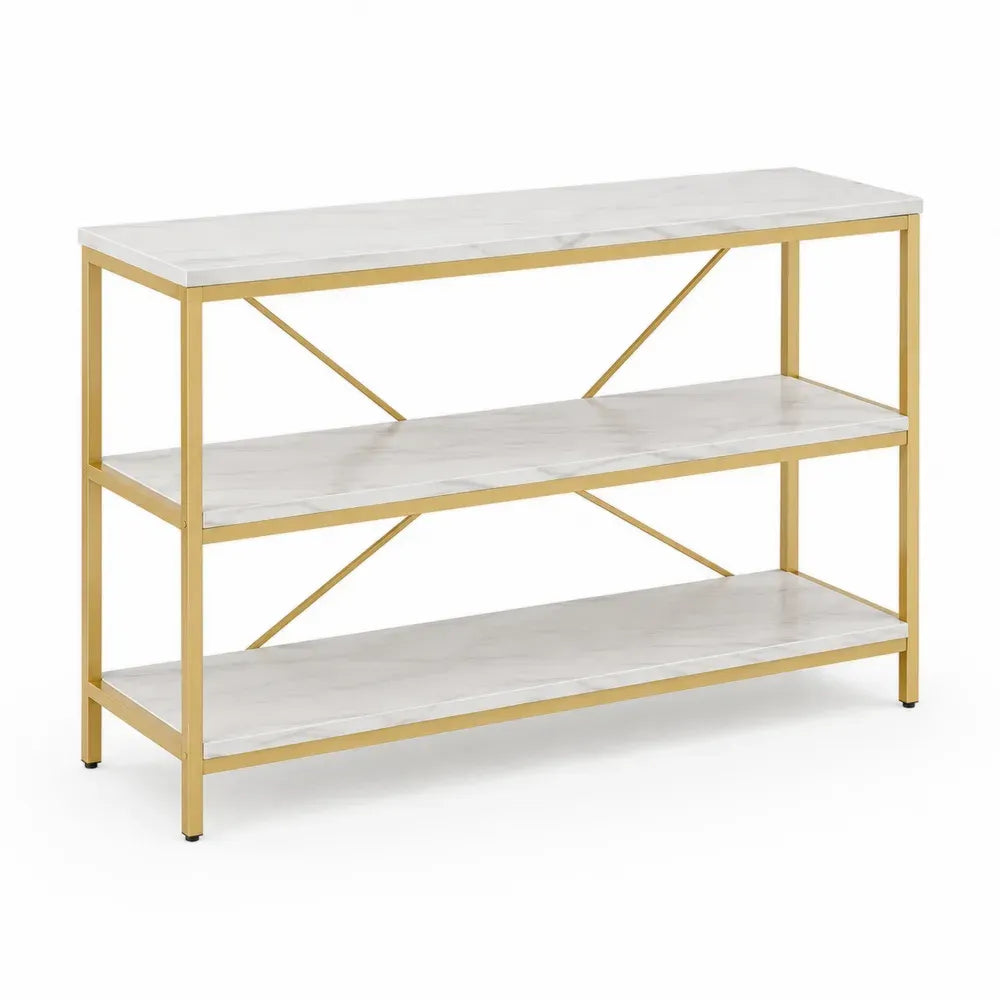 Konsolentisch mit 3 Ablagen rechteckig MDF Marmor-Dekor Weiß Grau goldfarbenes Stahlgestell 120 x 35 x 80 cm