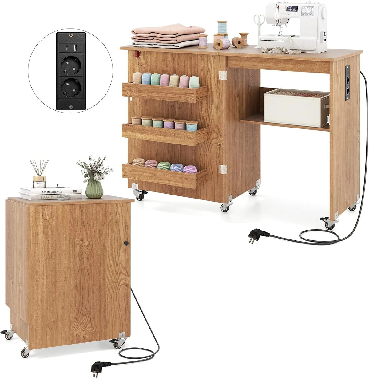 Nähmaschinenschrank, Nähmaschinentisch, Mehrzwecktisch, Ladestation, Nähschrank, Nähtisch, elektrische Nähmaschine, 116 x 41 x 78 cm, Holz, GIANTEX