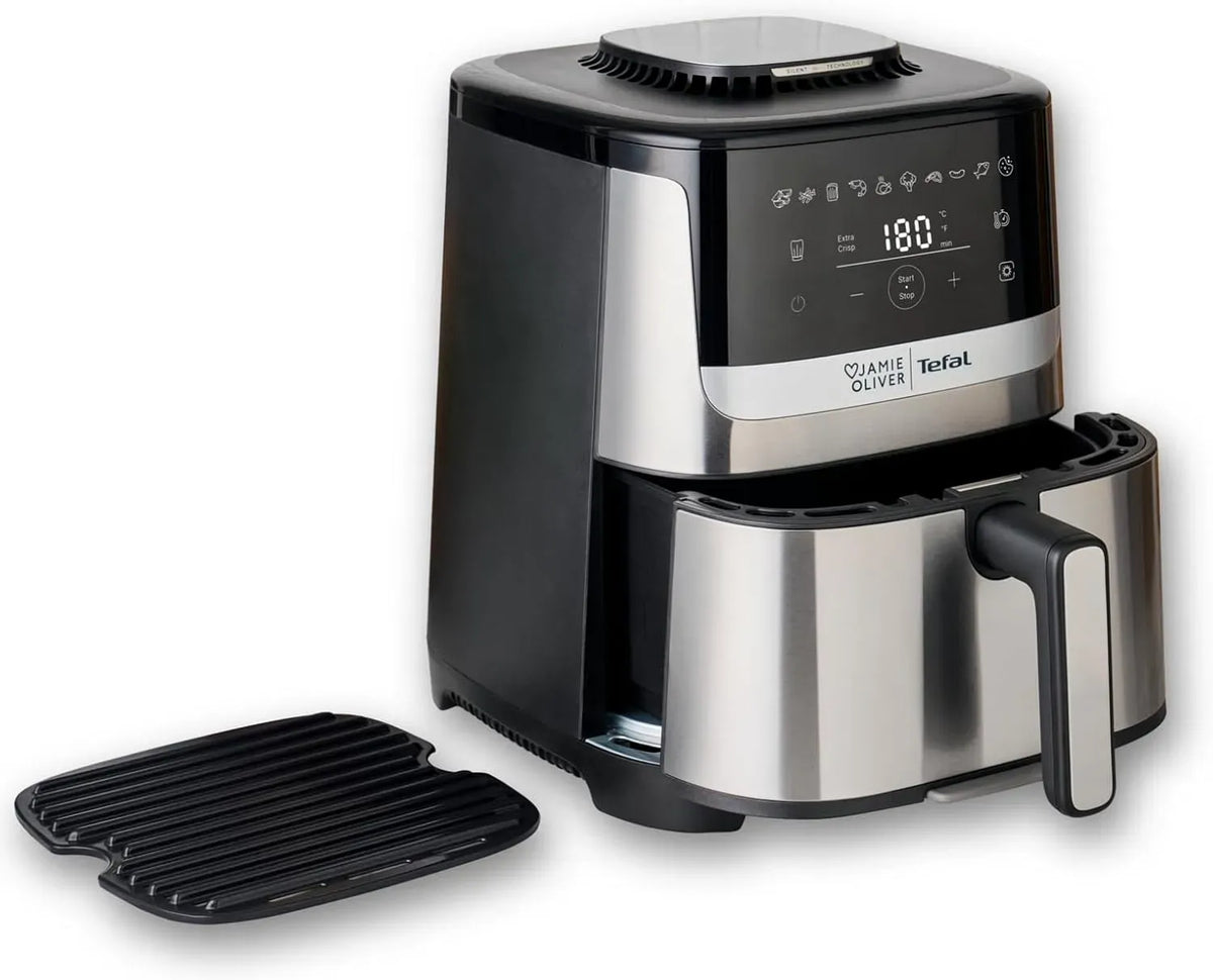 Tefal EY55JDE0 Heißluftfritteuse, 5 L, Touch-Bedienung, leise, Edelstahl, Schwarz, 10 voreingestellte Programme, digitaler Touchscreen, sehr leise
