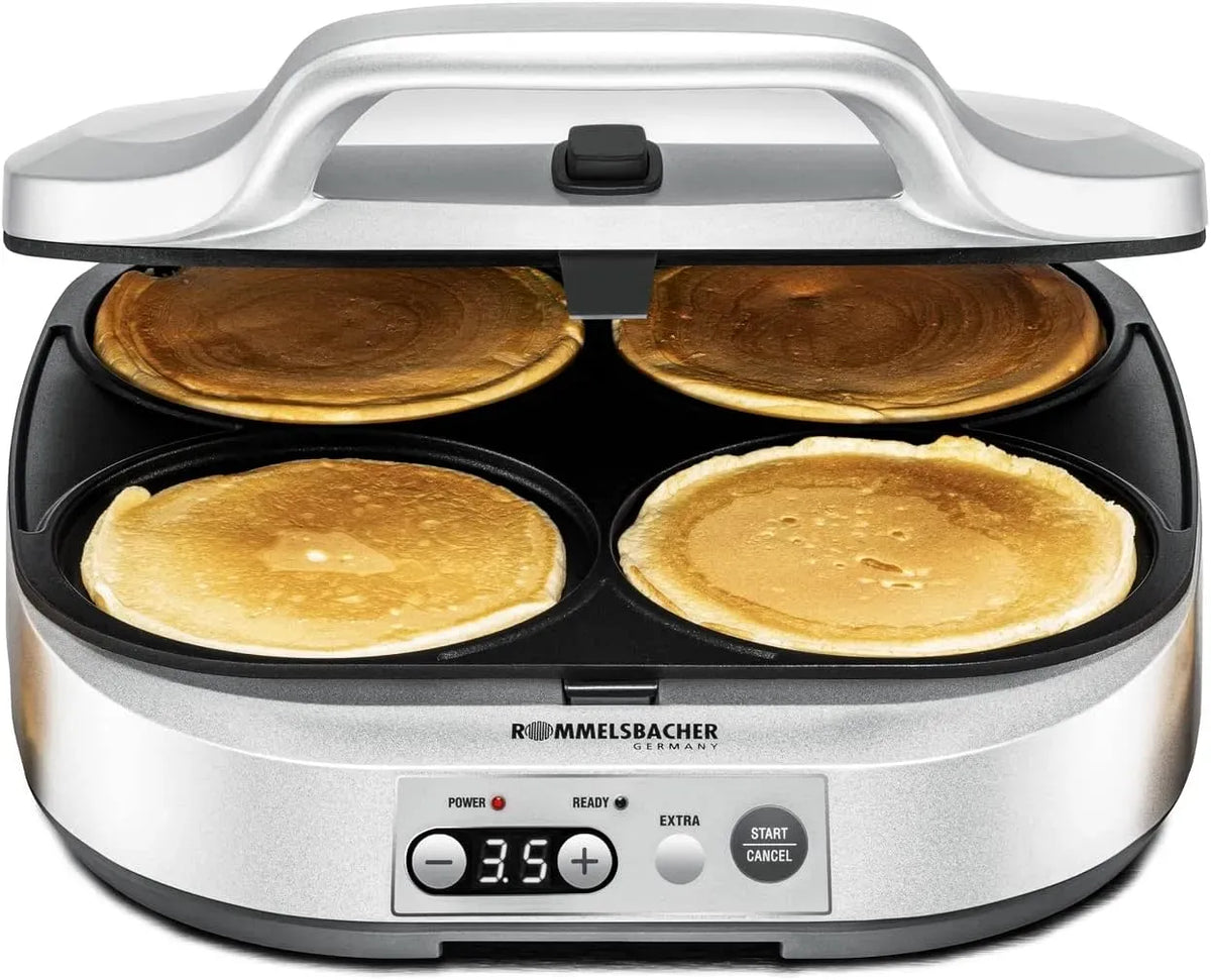 Rommelsbacher PC 1800 Pancake Maker, Zeitschaltuhr, 13,5 cm, 1800 W, Antihaftbeschichtung, Silber