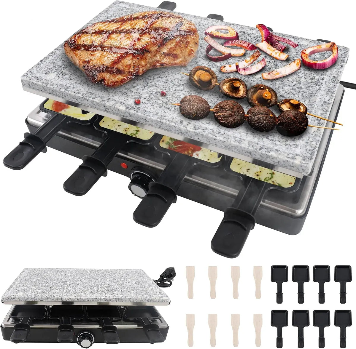 Grill, Kabel, elektrischer Tischgrill, 1400 W, Camping, Antihaftbeschichtung, Edelstahl, Holz