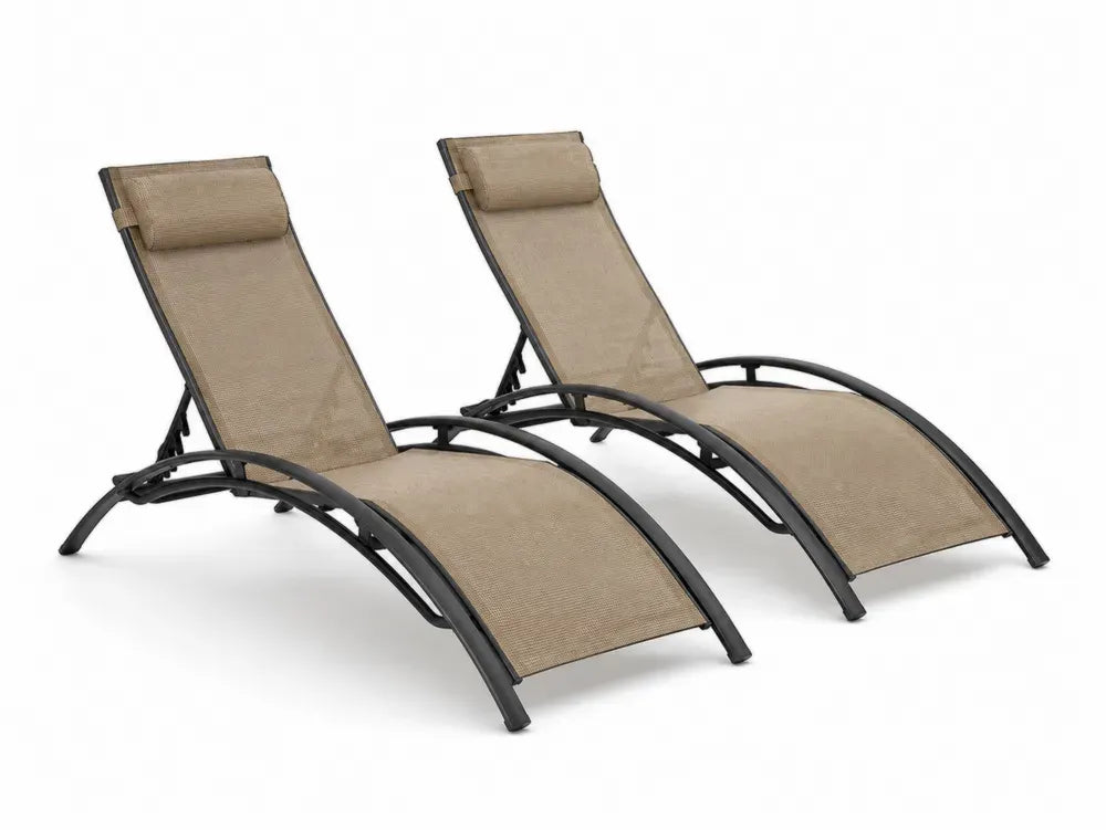 Sonnenliegen 2er Set verstellbar mit Kopfkissen Textilene pulverbeschichteter Stahl geschwungen beige schwarz 190 x 65 x 90 cm