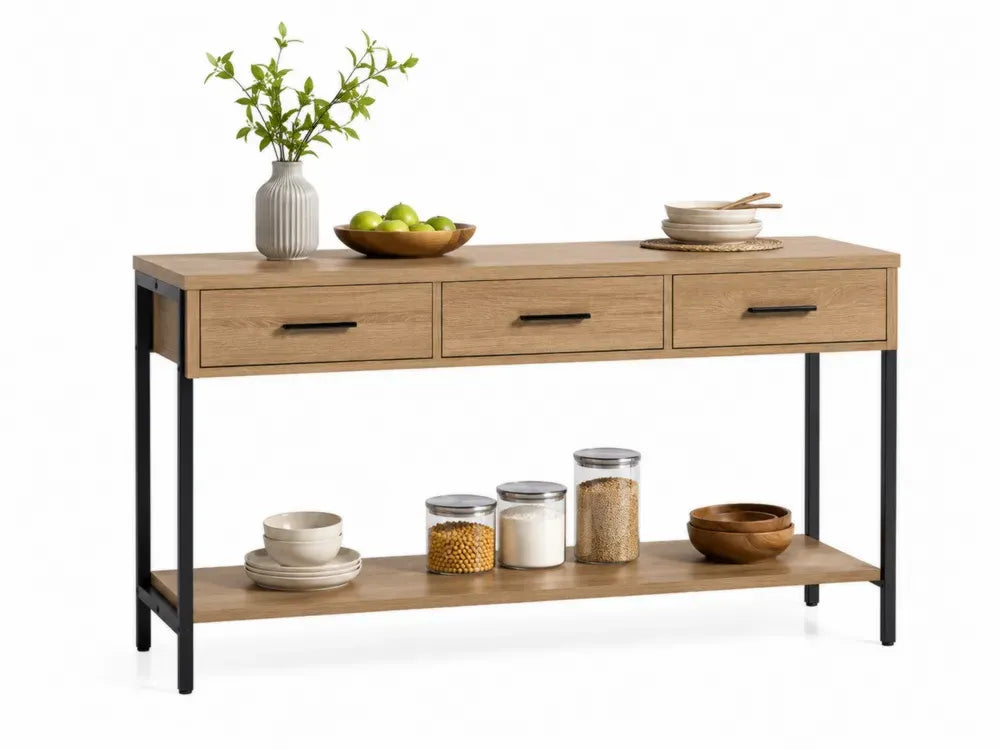 Mehrzwecktisch Konsolentisch mit 3 Schubladen Ablage MDF Eichenfurnier Stahlrahmen Naturfarben Schwarz 120 x 35 x 80 cm