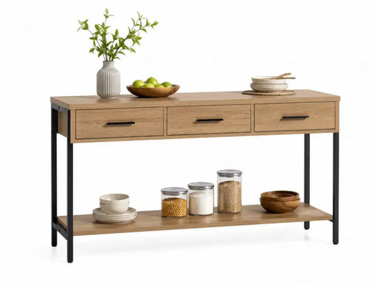 Mehrzwecktisch Konsolentisch mit 3 Schubladen Ablage MDF Eichenfurnier Stahlrahmen Naturfarben Schwarz 120 x 35 x 80 cm