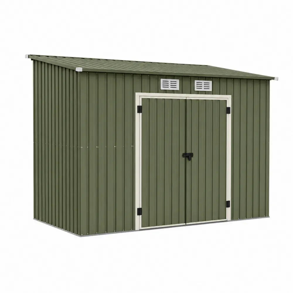 Gartenschuppen Gerätehaus mit Pultdach und Doppeltür rechteckig verzinkter Stahl Olivgrün Cremeweiß 257 x 205 x 180 cm