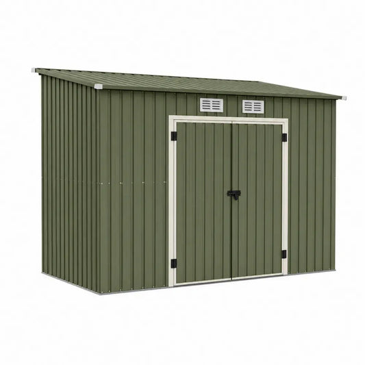 Gartenschuppen Gerätehaus mit Pultdach und Doppeltür rechteckig verzinkter Stahl Olivgrün Cremeweiß 257 x 205 x 180 cm