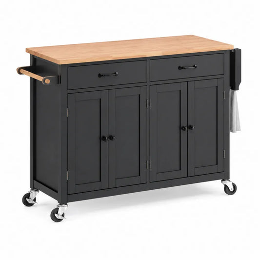 Küchenwagen Mehrzwecktisch mit Rollen 2 Schubladen 4 Türen MDF Kautschukholz rechteckig Schwarz Naturfarben 120 x 45 x 90 cm