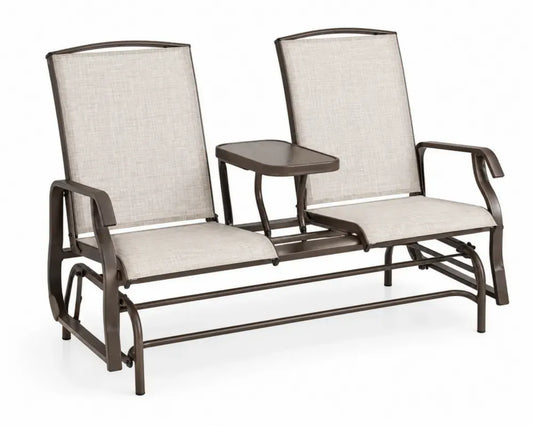 Gartenschaukelbank 2-Sitzer mit Mitteltisch pulverbeschichteter Stahl Textilene beige dunkelbraun 150 x 75 x 95 cm