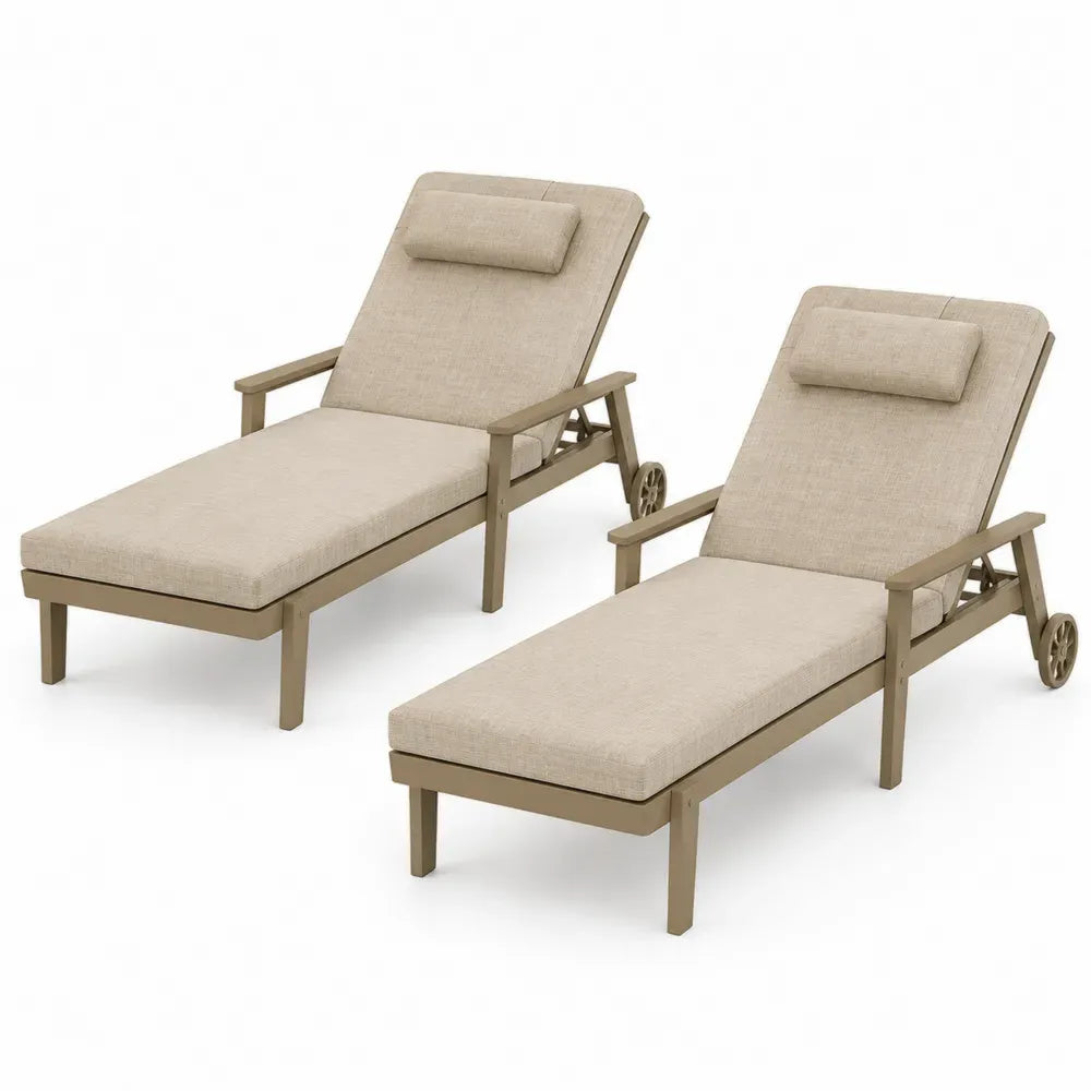 Gartenliegen 2er Set mit Armlehnen Rollen verstellbarer Rückenlehne Aluminium Polyesterpolster beige taupe 195 x 70 x 98 cm