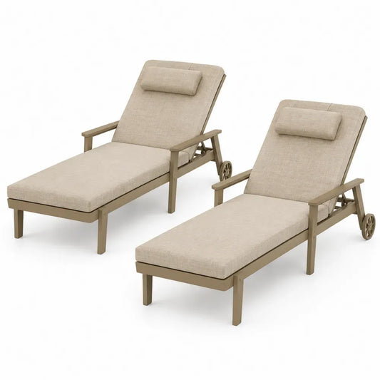 Gartenliegen 2er Set mit Armlehnen Rollen verstellbarer Rückenlehne Aluminium Polyesterpolster beige taupe 195 x 70 x 98 cm