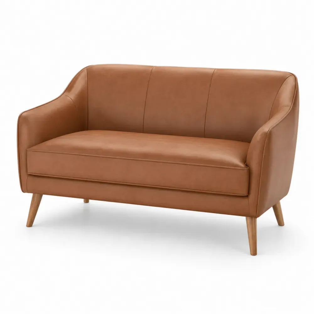 Zweisitzer Sofa PU-Leder Cognacbraun Kiefernholz Kautschukholz Naturfarben rechteckig 132 x 72 x 78 cm