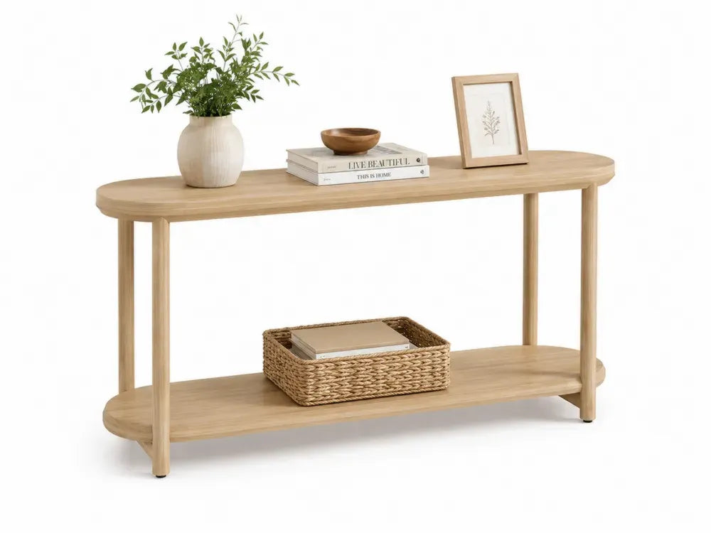 Konsolentisch mit 2 Ablagen abgerundete Form MDF Kautschukholz Naturfarben 120 x 35 x 76 cm
