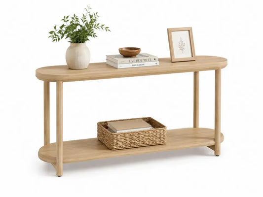 Konsolentisch mit 2 Ablagen abgerundete Form MDF Kautschukholz Naturfarben 120 x 35 x 76 cm