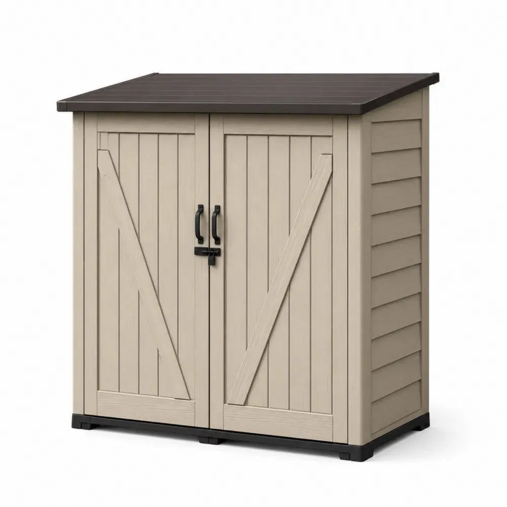 Gartenschrank Gerätehaus mit Doppeltür und Pultdach rechteckig PP Beige Dunkelbraun Schwarz 130 x 74 x 110 cm