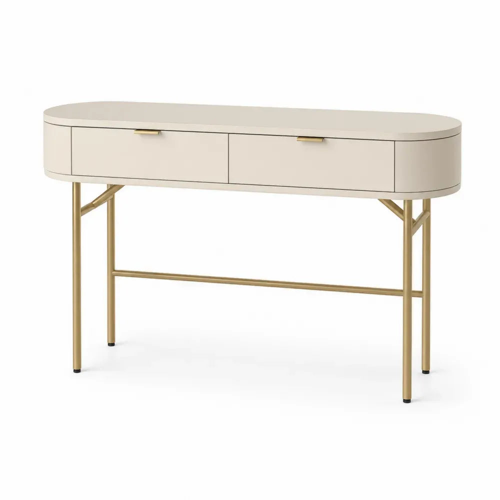 Konsolentisch mit 2 Schubladen abgerundete Seiten MDF Cremefarben messingfarbenes Stahlgestell 120 x 40 x 80 cm