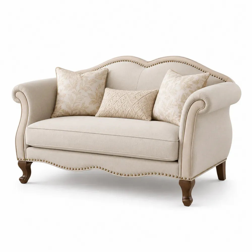 Zweisitzer Sofa mit 3 Kissen Polstersofa Polyester Beige Kautschukholz Braun Messingfarben geschwungene Rückenlehne 150 x 82 x 92 cm