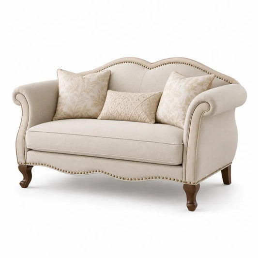 Zweisitzer Sofa mit 3 Kissen Polstersofa Polyester Beige Kautschukholz Braun Messingfarben geschwungene Rückenlehne 150 x 82 x 92 cm
