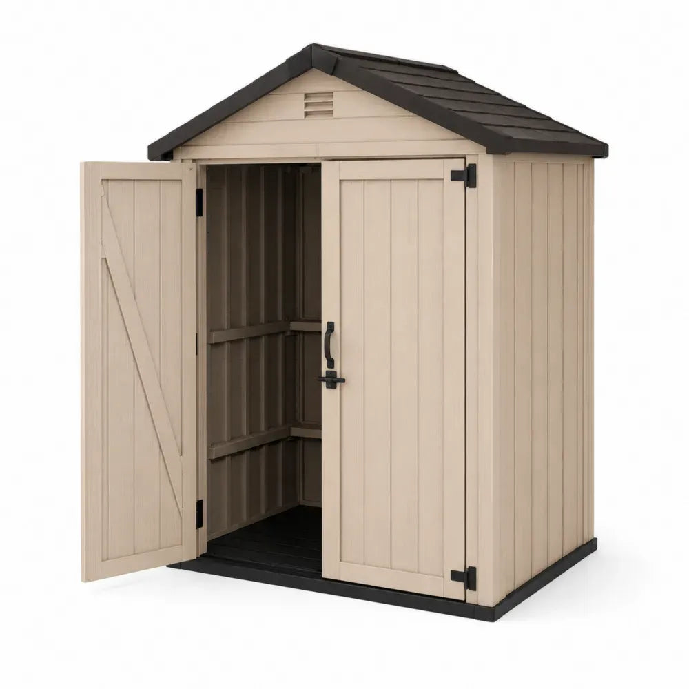 Gartenschuppen Gerätehaus mit Satteldach Doppeltür und Boden rechteckig Polypropylen Beige Schwarz 185 x 125 x 204 cm