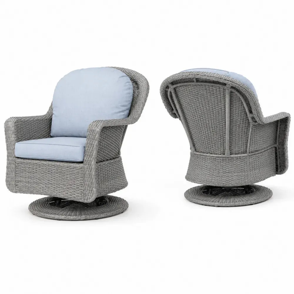 Gartenstühle 2er Set Drehsessel mit Auflagen oval PE-Rattan Stahl Polyester Grau Hellblau 86 x 82 x 88 cm