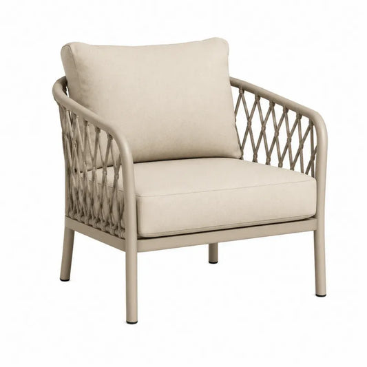 Gartensessel Loungesessel mit Armlehnen rechteckige Sitzfläche Aluminiumrohr Polyesterseil Polyesterkissen Cremebeige Taupe 75 x 76 x 80 cm