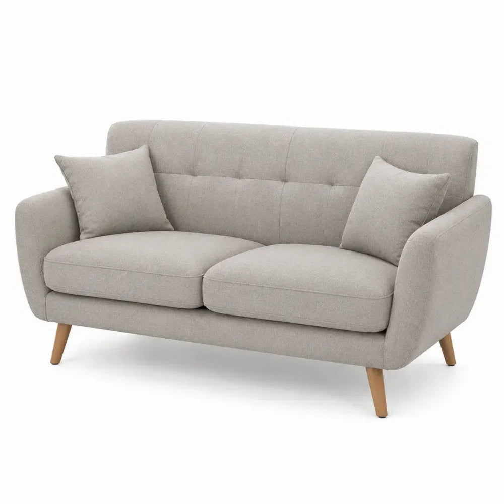 Zweisitzer Sofa mit 2 Kissen Polyestergewebe Hellgrau Kautschukholz Naturfarben rechteckig 146 x 82 x 82 cm