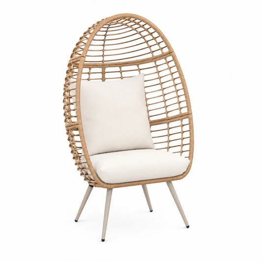 Gartensessel in Ei-Form mit Kissen oval PE-Rattan Stahl Polyester Naturbeige Cremeweiß 95 x 87 x 150 cm