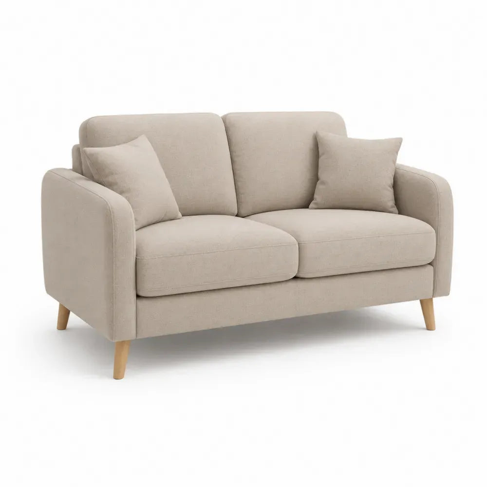 Zweisitzer Sofa mit 2 Kissen Polyestergewebe Beige Kautschukholz Naturfarben rechteckig 150 x 84 x 86 cm