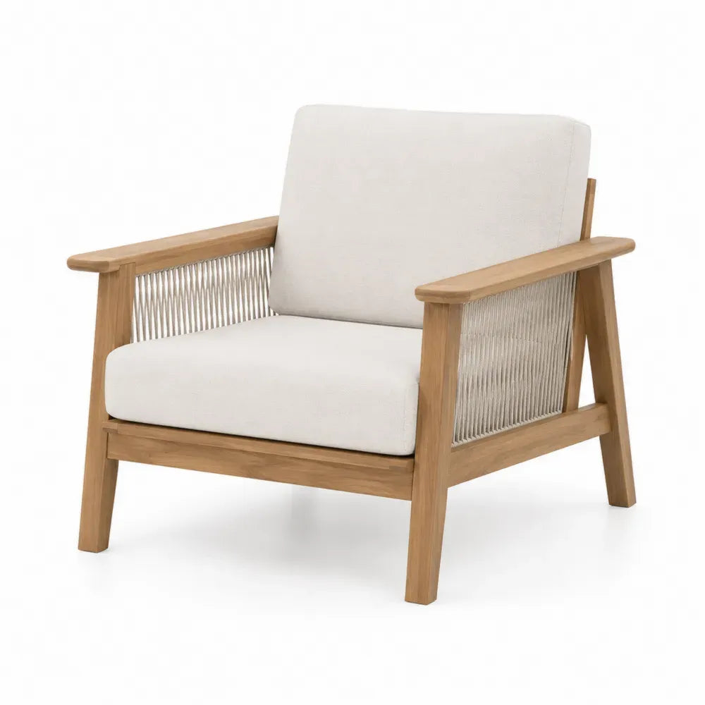 Gartensessel Loungesessel mit Armlehnen und Kissen rechteckige Sitzfläche Akazien-Massivholz Polypropylen-Seil Polyester Naturbraun Cremebeige 82 x 85 x 82 cm