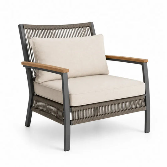 Gartensessel mit Armlehnen und Kissen rechteckige Sitzfläche Aluminiumrohr PE-Seil Polyester Akazienholz Beige Anthrazit Taupe 76 x 80 x 82 cm