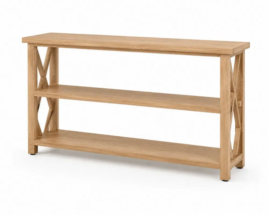 Konsolentisch Regal mit 3 Ablagen X-Seitenrahmen MDF Eichenfurnier Kautschukholz Naturfarben 120 x 35 x 80 cm