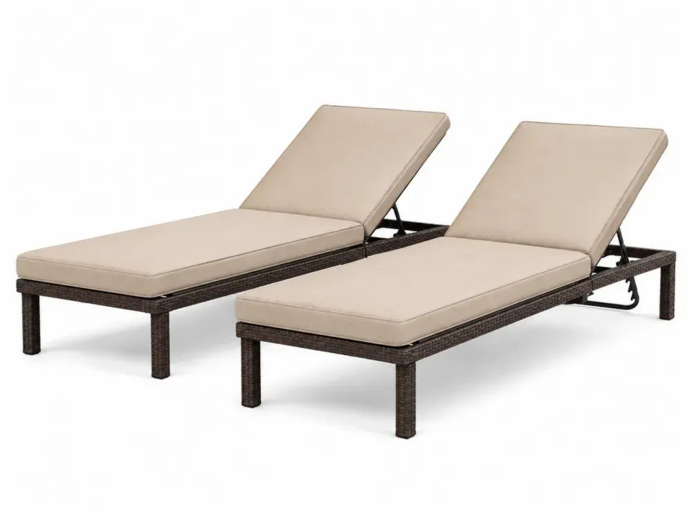 2er Set Sonnenliegen Gartenliegen mit Auflage verstellbar rechteckig PE-Rattan Stahl Polyester Dunkelbraun Beige 198 x 65 x 90 cm