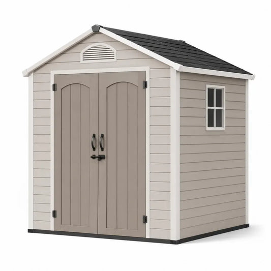 Gartenschuppen Gerätehaus mit Doppeltür Fenster und Satteldach rechteckig Polypropylen Stahl Taupe Cremeweiß Schwarz 180 x 130 x 205 cm