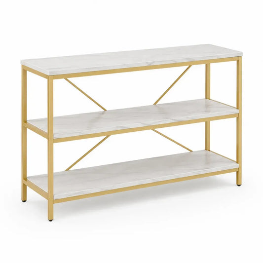 Konsolentisch mit 3 Ablagen rechteckig MDF Marmor-Dekor Weiß Grau goldfarbenes Stahlgestell 120 x 35 x 80 cm
