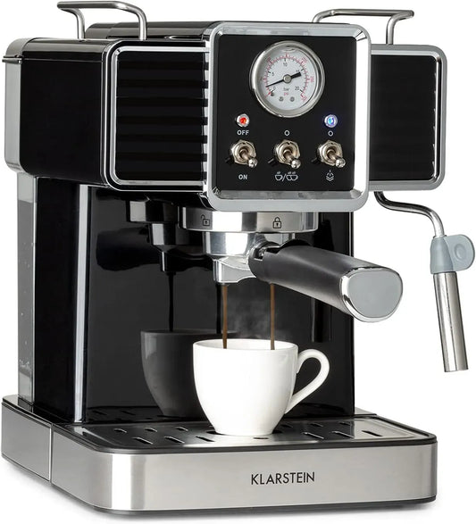 Klarstein Espressomaschine, 1,5 L, 1350 W, großer Wassertank, Edelstahl, Schwarz, 20 Bar Druck, Siebträger Kaffeemaschine 1350 W