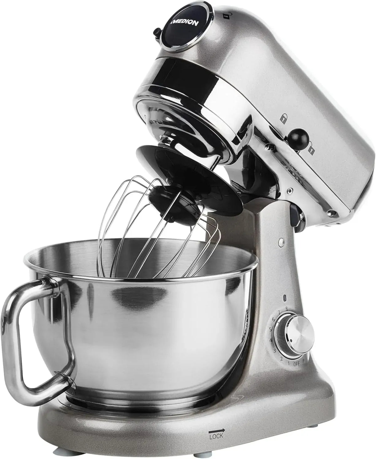 Küchenmaschine, 1000 W, MEDION MD16480, Edelstahl, Grau, Edelstahl Rührschüssel, 8 Geschwindigkeitsstufen