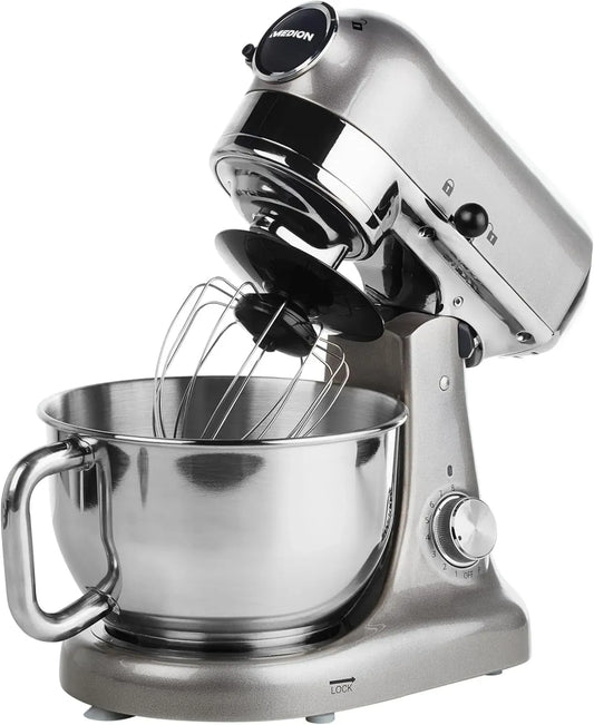 Küchenmaschine, 1000 W, MEDION MD16480, Edelstahl, Grau, Edelstahl Rührschüssel, 8 Geschwindigkeitsstufen