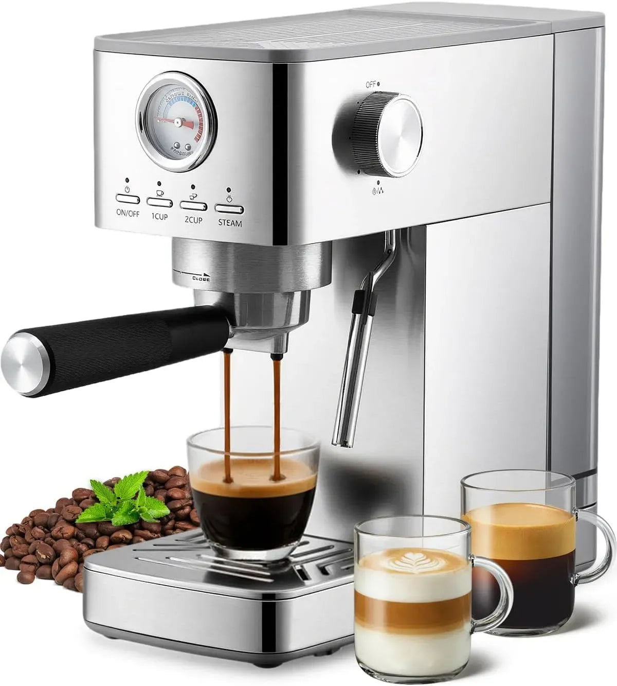 Espressomaschine, 1,4 L, HAUSPROFI, großer Wassertank, Silber, Klein Kaffeemaschine Espresso für Cappuccino, Sichtbares Manometer