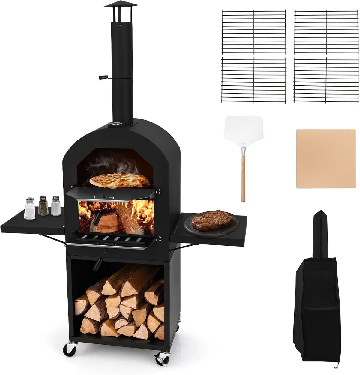 Elektrischer Pizzaofen, 116 x 44 x 170 cm, GYMAX, tragbar, Outdoor, Transportrollen, tragbarer Holzofen mit 31 cm Pizzastein, Pizzaschaufel