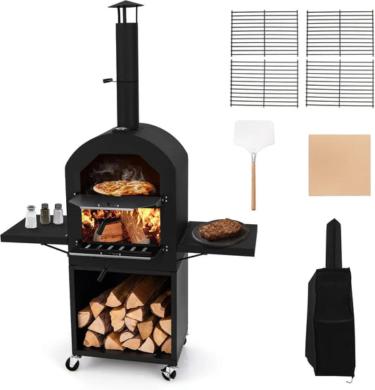 Elektrischer Pizzaofen, 116 x 44 x 170 cm, GYMAX, tragbar, Outdoor, Transportrollen, tragbarer Holzofen mit 31 cm Pizzastein, Pizzaschaufel