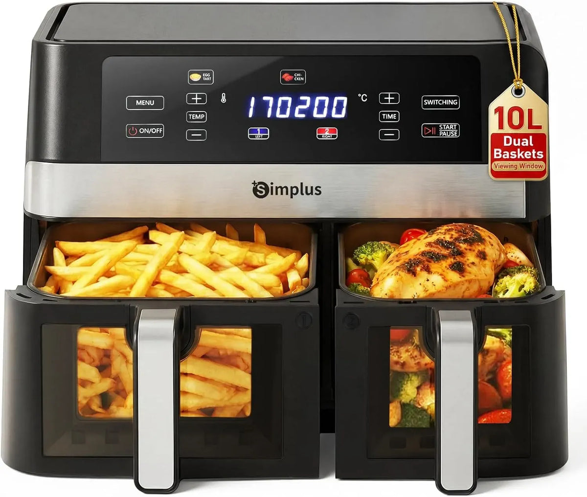 Heißluftfritteuse, 10 L, 1800 W, 11 Programme, SIMPLUS, Touch-Bedienung, Timer, LCD-Display, Antihaftbeschichtung, 2 Temperaturzonen