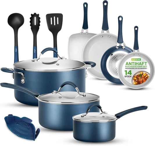 Kochgeschirr 14-teilig, Antihaftbeschichtung, Edelstahl, Aluminium mit Edelstahl -Kanten, PFOA/PFOS-frei, Antihaftbeschichtet