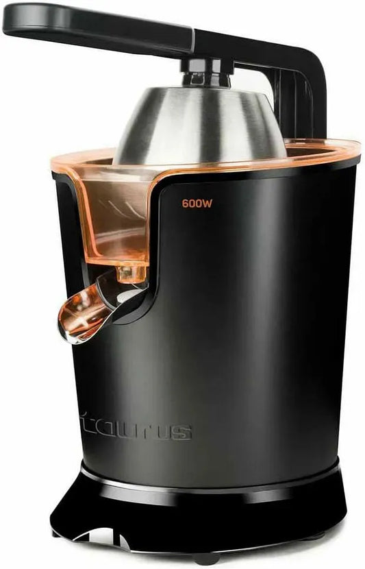 Taurus 600W. Entsafter, 600 W, Edelstahl, Schwarz, Einfache Reinigung Abnehmbar, 650 ml, Easy Press 600, 2 Zapfen für alle Zitrusfrüchte, AC Motor