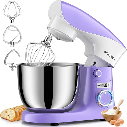 Küchenmaschine POWWA 5, 5 L, leise, Edelstahl, Weiß, Teigknetmaschine mit 3 Zubehör und Schüssel aus Edelstahl, 10+1 Geschwindigkeit Teigmaschine