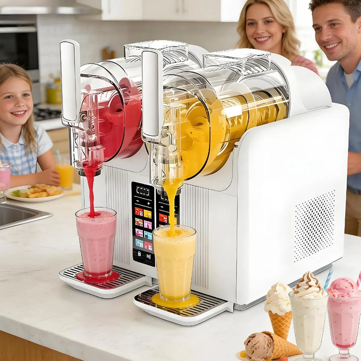 430-W-Softeismaschine Doppel-Slush-Maschine, Speiseeismaschine, Slush-Eisbereiter, tragbar, Touch-Bedienung, Weiß, Gewerbliche
